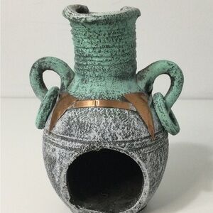 Vintage Mexican Textured Terracota Vase Aztec Design w/ Copper& Brass  Accents